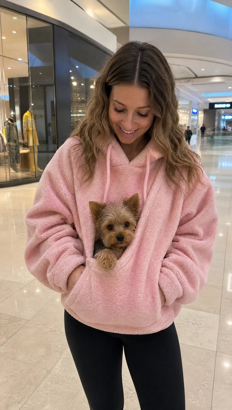 Yorkie riding in the SnugBarks pouch at the mall