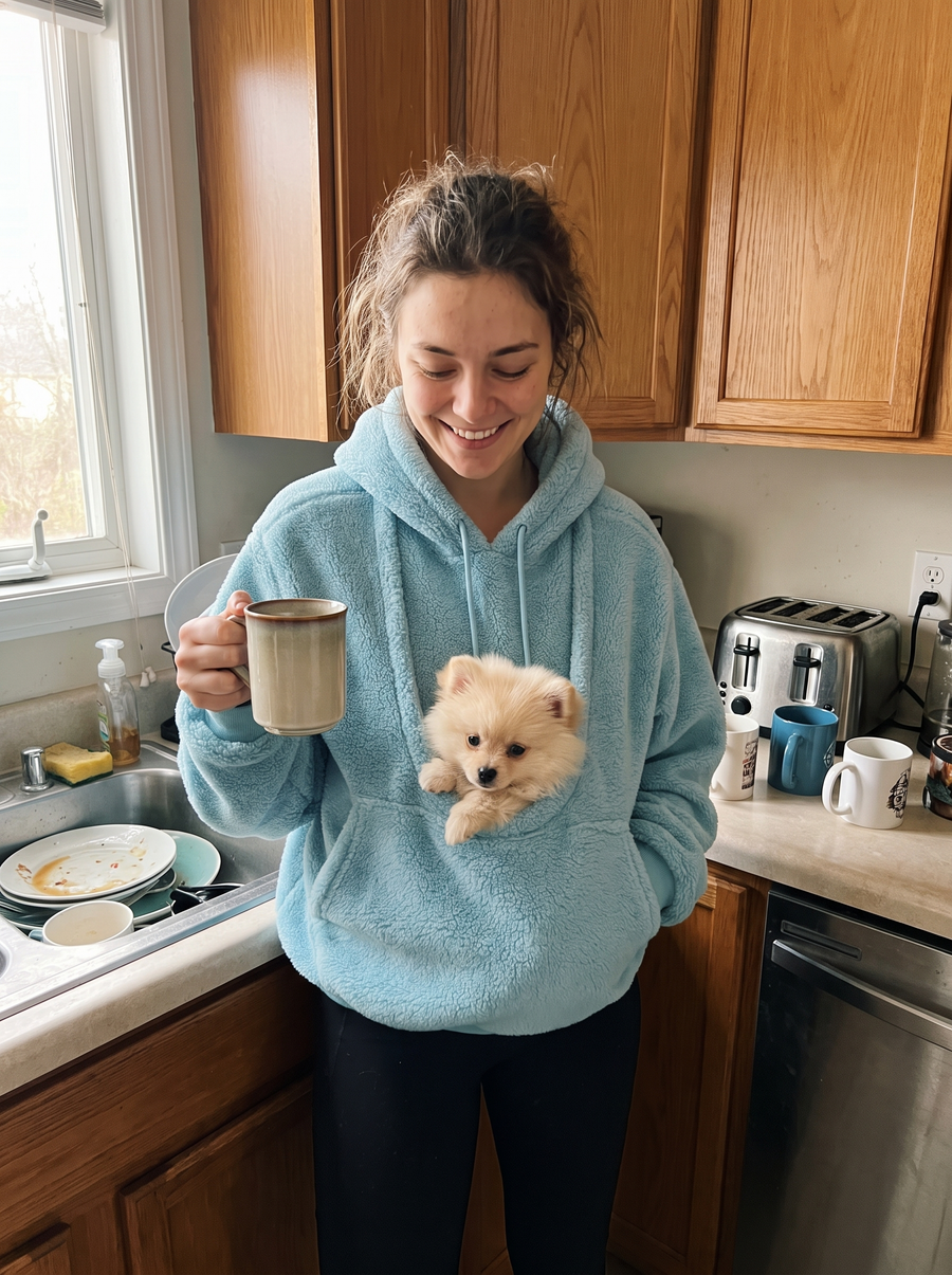 Morning coffee with a dog in the SnugBarks pouch