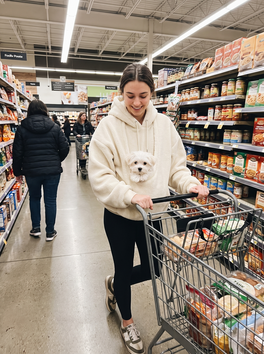 Grocery shopping with a dog in the SnugBarks pouch